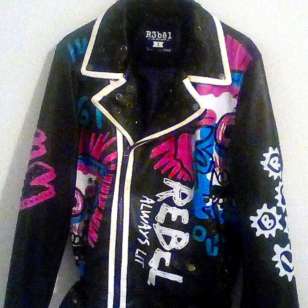 Rebel leather jacket pink blue black white size S - Picture 1 of 5